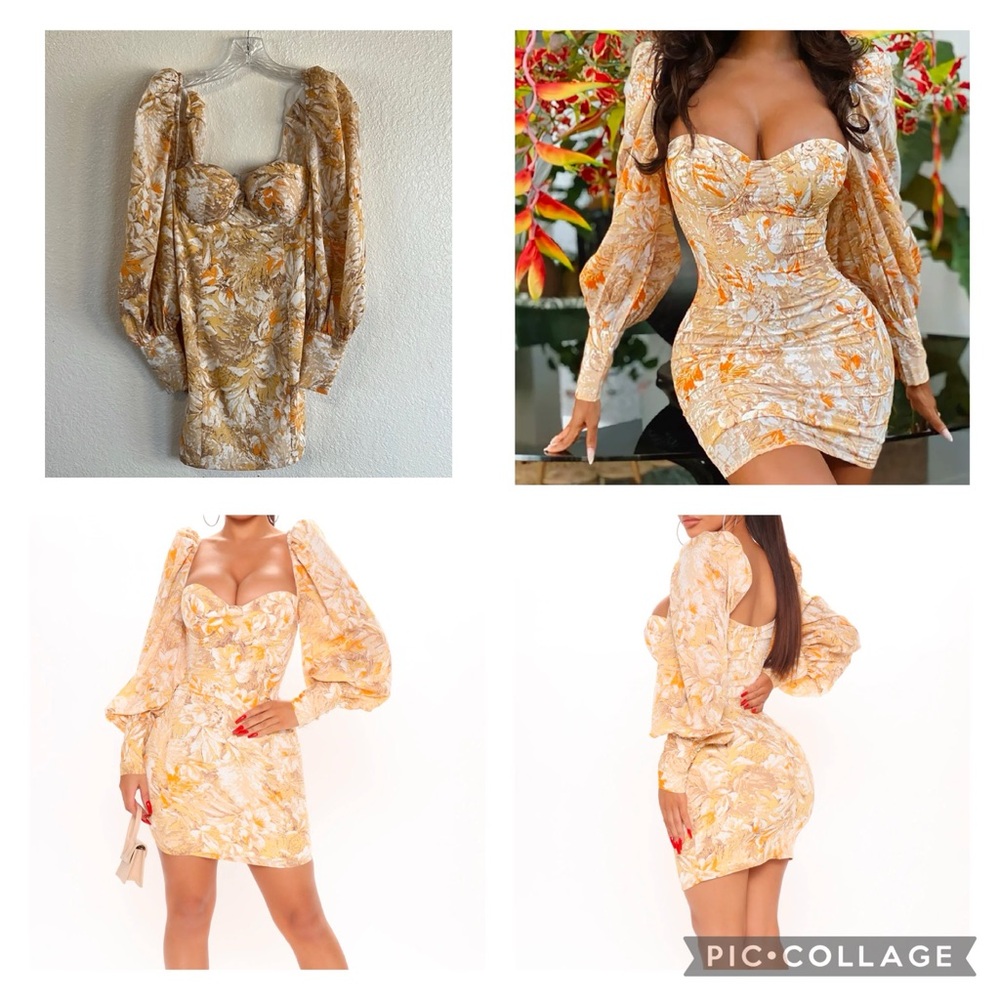 NWT Fashion Jillian Printed Mini Bodycon Dress with Ruched Bishop Sleeves